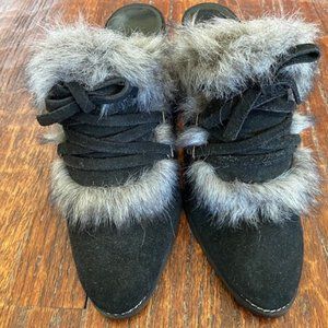COLIN STUART * Gray Black FUR TRIM High Heel SLIDE BOOTS * BLACK SUEDE * 8 B